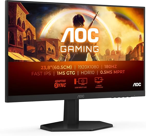 AOC 24G42E 24 inch FHD Gaming Monitor 180Hz, Fast IPS Panel, 1ms GtG, HDR10, G-Sync Compatible, (1920x1080 HDMI 1x 2.0 DP 1x 1.4) Black