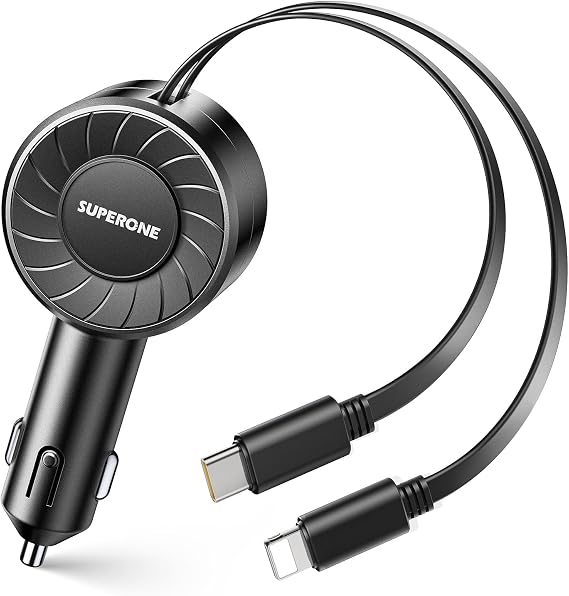 SUPERONE Retractable Car Charger, Small iPhone Car Charger Fast Charging, Car Phone Charger with USB C and Apple Cord, Car Charger Adapter Compatible with iPhone 17/16/15/14/13 Samsung Galaxy and More