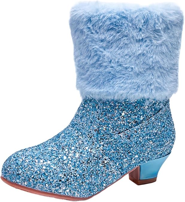 Sequin Low Heeled Ankle Boots for Girls Fur Lined Fall Winter Snow Boots Sparkly Glitter Block Heel Booties Fashion