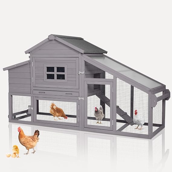 Aivituvin Chicken Coop Outdoor with Wheels and Nesting Box, Mobile Hen Duck House Wooden Poultry Cage with Run, Waterproof Roof (Grey)
