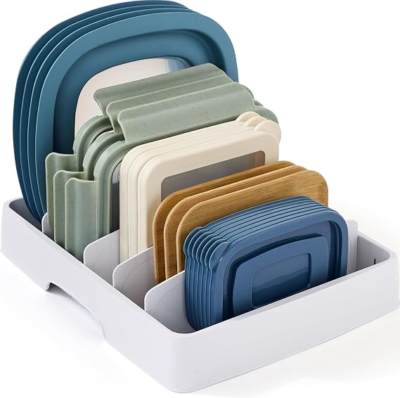 YouCopia StoraLid Food Container Lid Organizer for Kitchen Cabinet Storage with 5 Adjustable Dividers, 10.5''D 13.4''W 3.3''H, Large Classic Edition, White