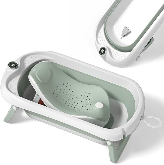 Baby Bath Tub with Non-Slip Bath Seat and Thermometer - Toddler Bath - Foldable Baby Bath - Newborn Bath - from Birth to 3 Years - Baby Bath Seat Up to 6 Months - Collapsible Baby Bath - Birth Gift