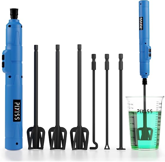 Pixiss Premium Resin Mixer - Handheld Rechargeable Epoxy Mixer, Epoxy Resin Mixer Pro Grade, Resin Stirrer for Resin, Resin Molds, Silicone Molds Mixing, Minimize Bubbles - (6 Paddles Included)