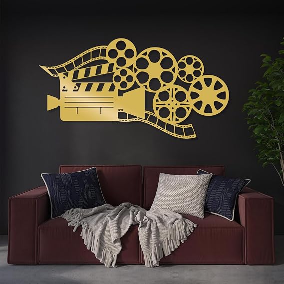 Metal Movie Reel Wall Art, Movie Theater Metal Sign, Metal Film Reel Wall Decor, Film Strip Wall Decor, Film Reel Hanging Decoration for Home Office Studio, Gift for Film Lovers (35"x19" | 90x48cm, Gold)