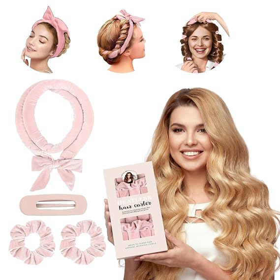 Heatless Curls Overnight Headbands for Women, Heatless Curlers Set with Scrunchies and Clip, Hair Rollers for Women to Sleep in, Soft Velvet Heatless Hair Curler for Long Hair, No Heat Damage (Pink)