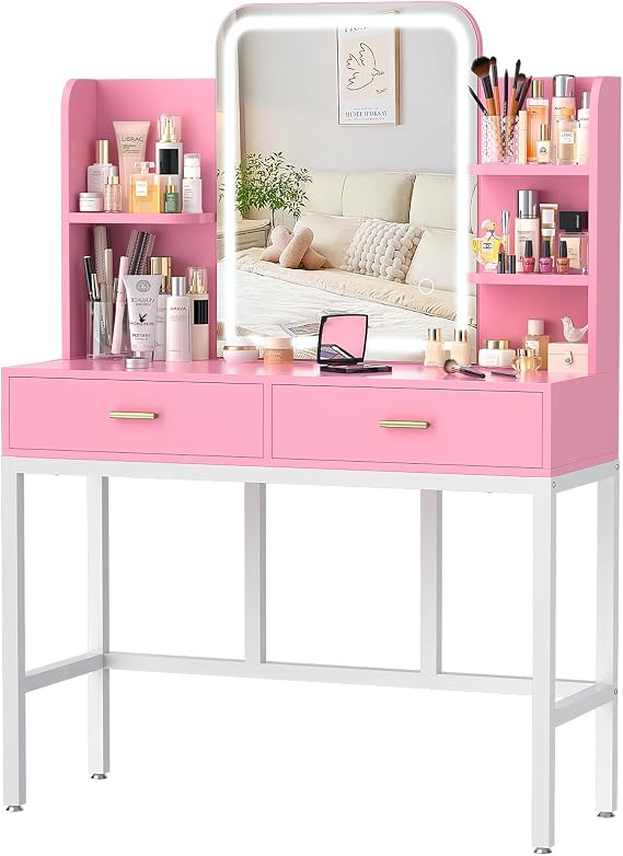 Cyclysio Vanity Desk, Makeup Vanity Desk with Mirrors, Vanity Set with 2 Storage Drawers and Open Shelves, 3 Colors LED Brightness Adjustable Dressing Table, Makeup Desks for Girls and Women, Pink1