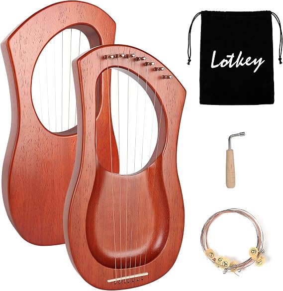 Lotkey 7 String Concave Lyre Harp, Handcrafted Solid Okoume Wood Harp for Beginners, Musical Instrument Portable Gift with Storage Bag, Tuning Wrench & Spare Strings for Kids & Adults.