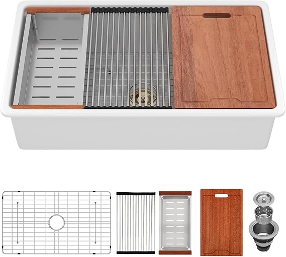 Kichae 33 Inch White Undermount Sink Workstation 33x19 Inch Dual Drop in & Undermount Fireclay Kitchen Sink Single Bowl Deep Ceramic Porcelain Sink with Accessories