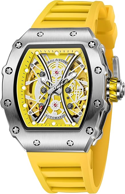 Fashion Men's Watches Waterproof Night Light Sports Automatic Movement Silicone Strap Mechanical Watches for Man Cool Big Dial Wristwatch (Silver-Yellow)