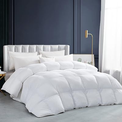 Luxurious Heavy Weight Winter Weather, Queen Size Goose Feathers Down Comforter, 100% Egyptian Cotton Cover, 55 oz. Fill Weight, White Solid Comforter
