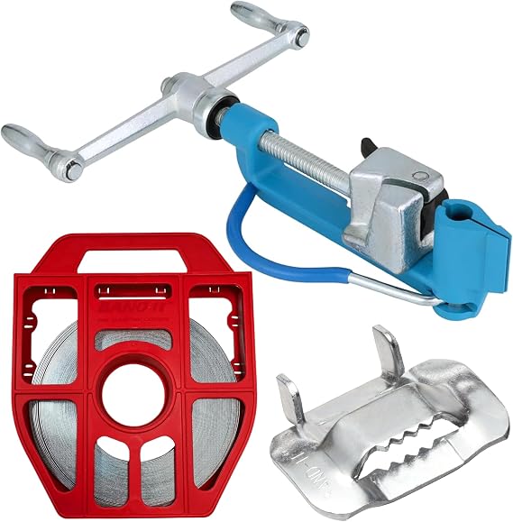BAND-IT Stainless Steel Banding Tool Bundle Includes C00169 Standard Banding Tool with Cutter, C35499 1/2" Galvanized Ear-Lokt Buckles (100/Box) and C206R9 3/4" x 100 ft 201 SS Band Roll in Red Tote