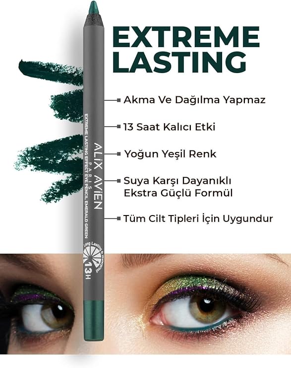 ALIX AVIEN Uzun Süre Kalıcı Suya Dayanıklı Akma, Dağılma Yapmayan Yeşil Göz Kalemi - Extreme Emerald Green