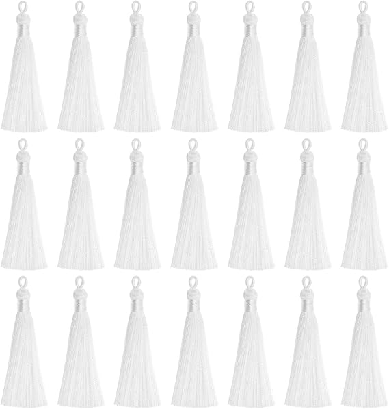 VAPKER 20pcs White Tassel Mini Silk Tassels for Craft Jewelry Making Woman, Handmade Soft Ice Silky Tassels with Loops for DIY Projects, Bookmarks(8.5CM/3.5 Inches)