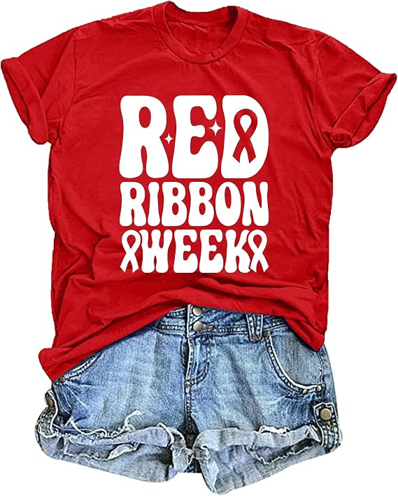 ELDPS Women Red Ribbon Week Shirt:Red Ribbon Week Awareness T-Shirt Prevention Short Sleeve Tops