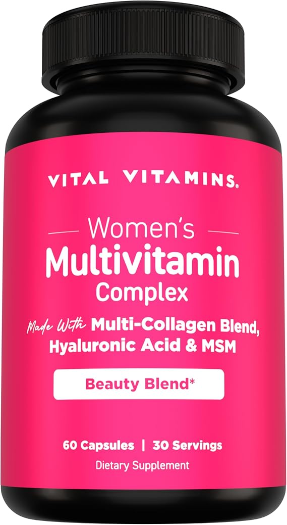 Vital Vitamins Women's Multivitamin Complex - Made with Multi-Collagen Blend, Hyaluronic Acid, MSM - Beauty Multivitamins - with Vitamin A, C, E, B6, B12, D3-60 Capsules