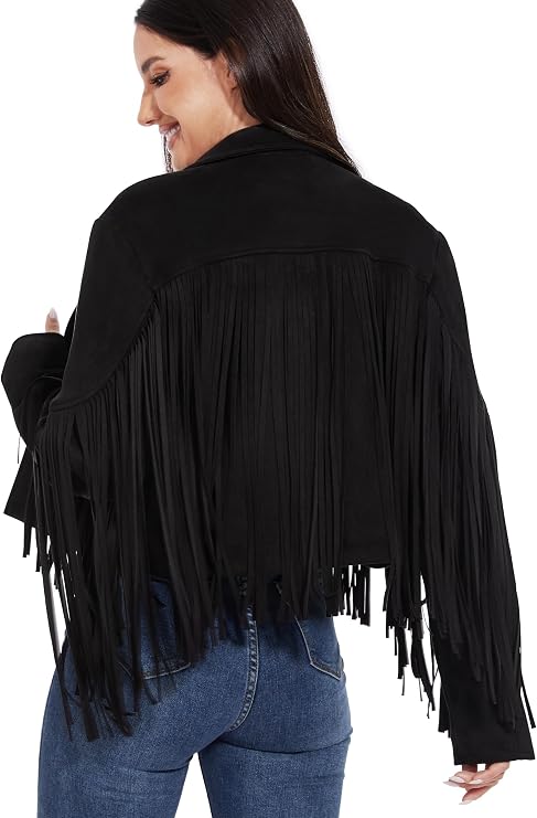 Women Fringe Leather Jacket Faux Suede Cowgirl Outfits | Boho Western Cropped Coat Country Concert Wear