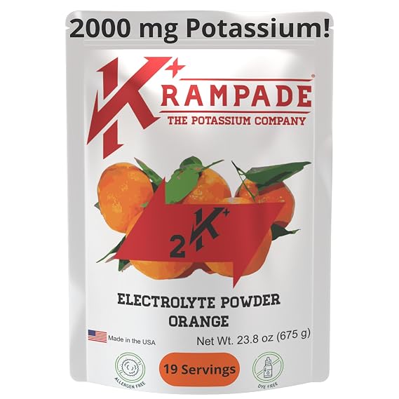 Krampade High Potassium Electrolytes Powder Orange, 4180mg Electrolytes, 2000mg Potassium, Cramp Relief & Prevention, Cellular Hydration, Better Endurance & Recovery, 19 Servings Bulk Powder