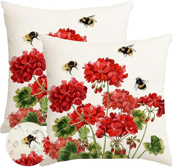 RABUSOFA Summer Outdoor Pillow Cover 18x18 Waterproof Spring Geranium Decor | Spring Summer Decoration, Gift for Summer, Waterproof & Durable Fabric, Machine Washable, Invisible Zipper, Not Insert