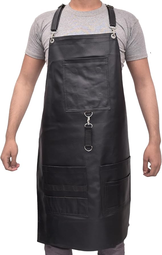 TBP Barber Apron for Hairdresser and Salon | Hair Stylist Aprons with 8 Pockets | Waterproof PU Leather Black Apron | Cross Back Work Apron for Chef, Woodworking, Painters, Cooking | Men Women Adults