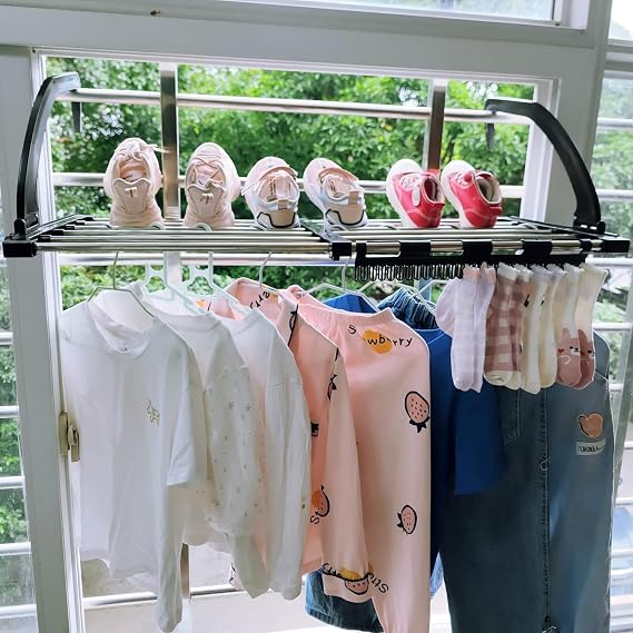 Portable Clothes Drying Rack for Balcony,29"x13" Foldable Railings Windowsill, Retractable Radiator Clothes Airer,Folding Towel Rack Indoor Outdoor Travel RV Laundry Rack with Clips