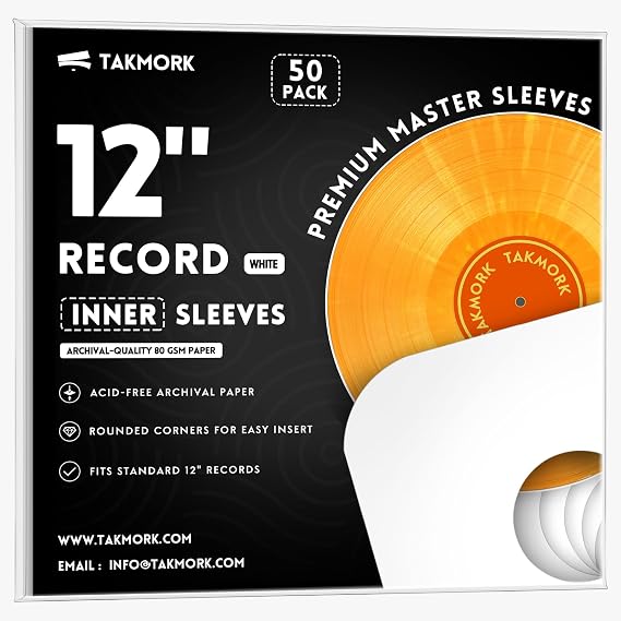 TAKMORK 12" Vinyl Record Inner Paper Sleeves, 33 RPM, 80gsm, White, 50pcs
