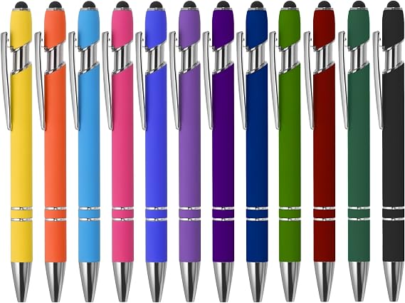 12 Pack Stylus Pens for Touchscreens & Writing 2-in-1 Retractable Ballpoint Pens with Soft Touch Grip, Black Ink Metal Pens for Office, School, Business, Teachers, Tablets & Smartphones