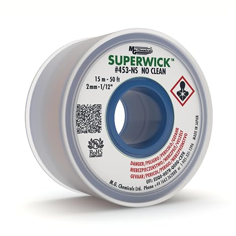 MG Chemicals 453-NS Desoldering Braid #3 No Clean Super Wick Desoldering Braid, 0.075" Width x 50' Length, Green