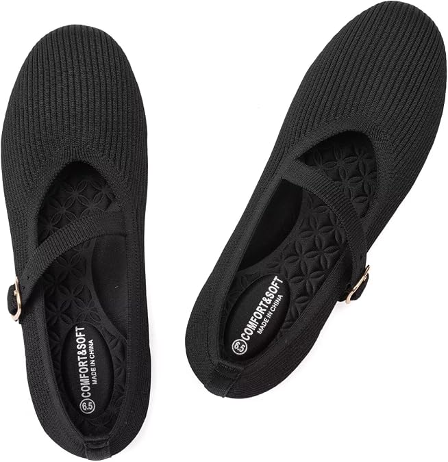 Frank Mully Mary Jane Flats for Women Round Toe Flat with Adjustable Straps Womens Ribbed Knit Shoes for Work Office