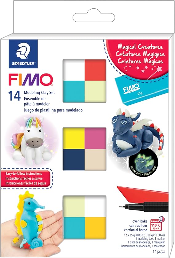 STAEDTLER FIMO Soft Polymer Clay Set: Magical Creatures, 12 Half Blocks, Sculpting Tool and Marker - Oven Bake Modeling Clay, Arts and Crafts for Beginners