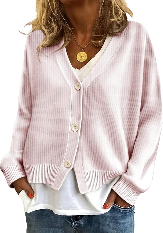 MARSVOVO Fashion Button Down Cardigan Sweaters for Women Dressy Casual V Neck Long Sleeve Sweater Lightweight Fall Tops