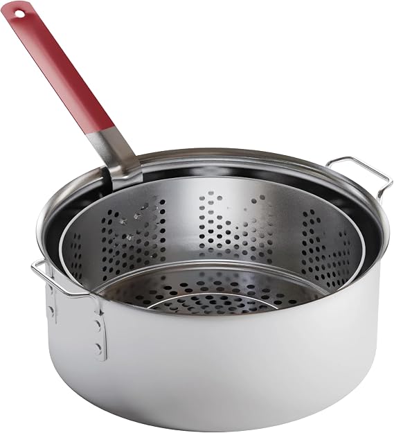 Gas One Aluminum Cooking Pot Deep Fryer with Basket 10QT Aluminum Fry Pot with Easy Grip Handle Durable Food Grade Outdoor Fryer with Perforated Strainer Basket Ideal for Seafood, Chicken