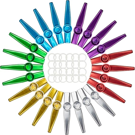 Foraineam 24-Pack Metal Kazoos with 24 Extra Kazoo Flute Diaphragms 6 Colors Musical Instruments, A Good Companion for Ukulele, Violin, Guitar, Piano Keyboard