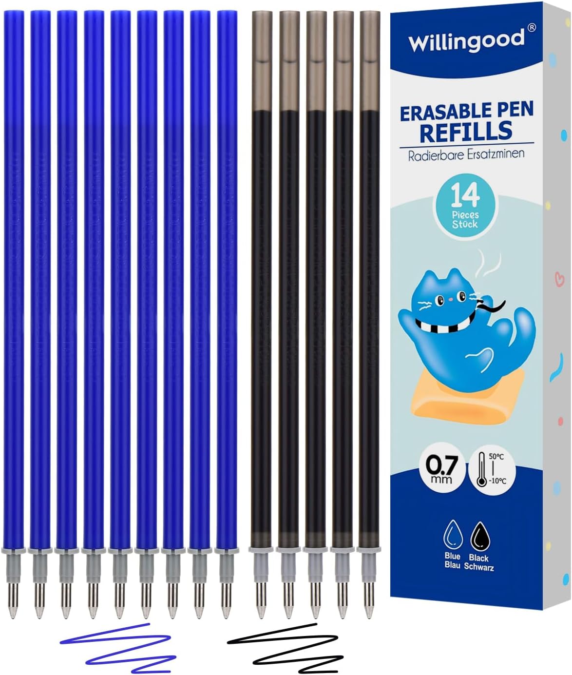 Refill for Erasable Gel Pens, Compatible with Legami [9 Blue and 5 Black, Pack of 14] Height 13 cm, Thermosensitive Ink, 0.7 mm Tip, Particularly Suitable for School
