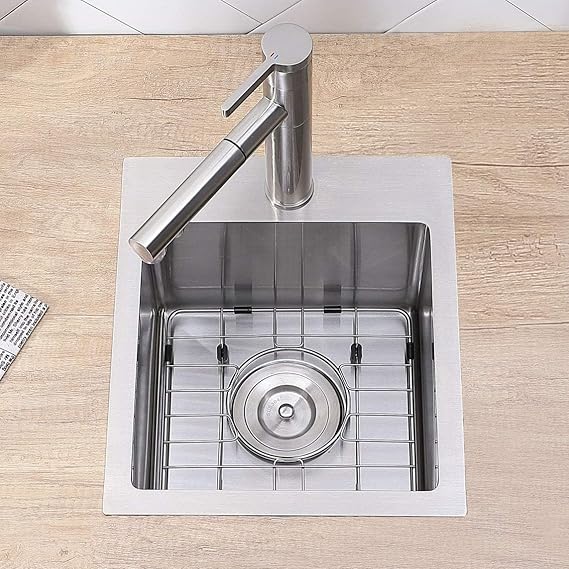 VCCUCINE Bar Sink Drop in,13x15 Inch Topmount RV Small Kitchen Sink,Handmade Stainless Steel Wet Bar Sink,Outdoor Single Bowl,Brushed Nickel Prep Sink with Accessories