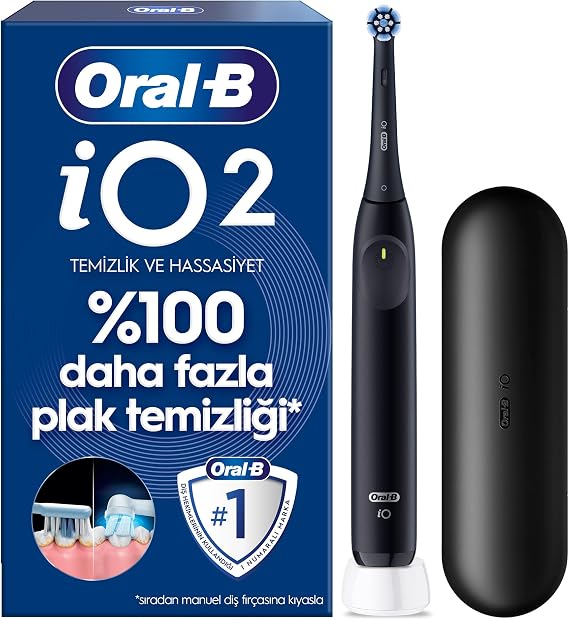 Oral-B iO2 Siyah Şarjlı/Elektrikli Diş Fırçası, 1 Fırça Başlığı, Tek Şarjda 4 Haftaya Varan Kullanım, Seyahat Kabı