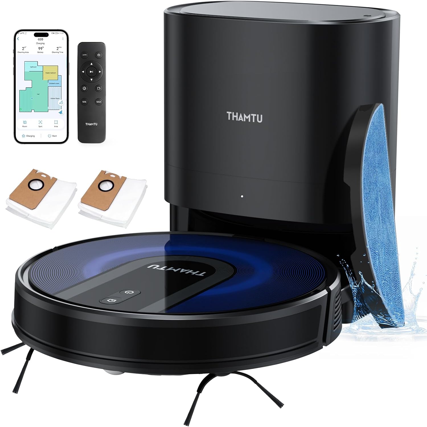 Thamtu G20 Robot Vacuum and Mop Combo, with Self-Emptying Base, Auto Carpet Boost, 3000Pa Suction for Powerful Cleaning, APP and Voice Control, Pet Hair Cleaning, is Ideal for Household Cleaning