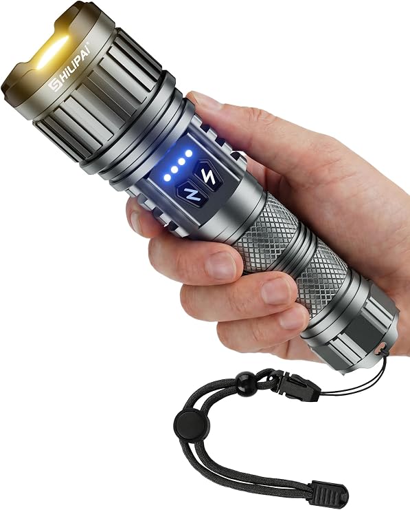 Rechargeable LED Flashlight, White & Warm Light, Zoomable Beam | 5000mAh rechargeable power with USB-C charging, durable aluminum body for camping, car, emergency and outdoor use.