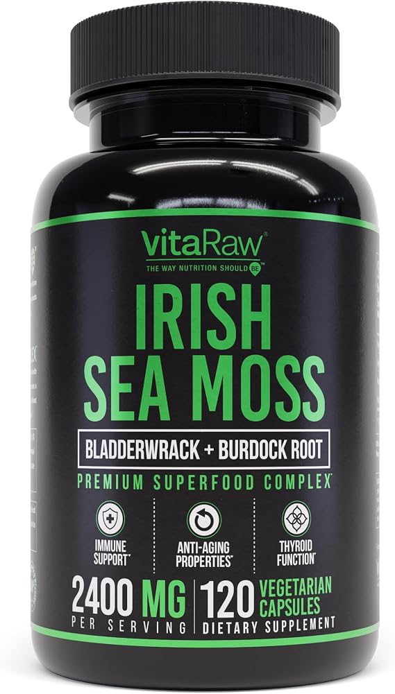 VitaRaw Organic Irish Sea Moss Capsules 2400 mg - Burdock Root and Bladderwrack Powder Real Seamoss Pills for Immune Support, Joint and Gut Health Help - Raw Sea Moss Advanced Herbal Supplement