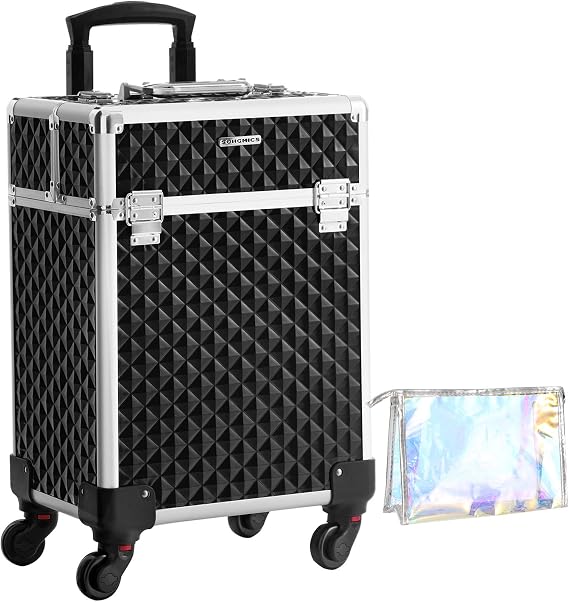 SONGMICS Professional Make-Up Case, Cosmetic Case, Mobile, 4 Wheels, 4 Trays, Telescopic Handle, Travel, Travel