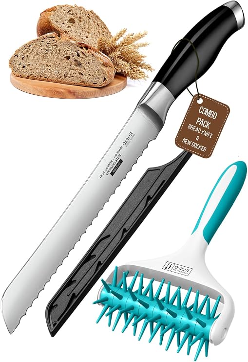 Orblue Premium Bread Knife 10-inch & Dough Docker Aqua Combo
