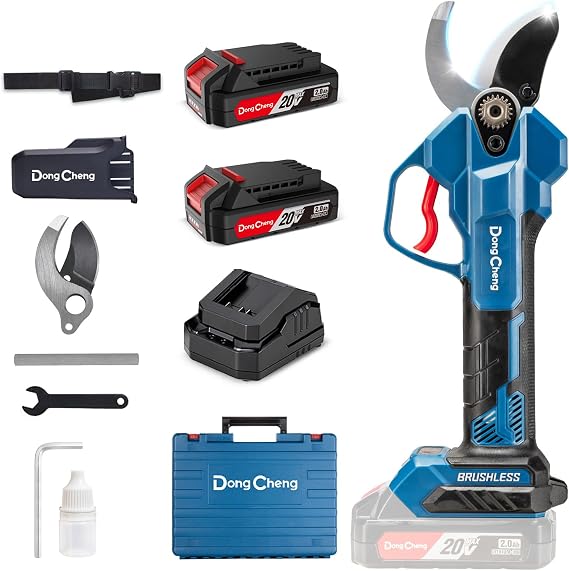 Dong Cheng 20V Brushless Electric Pruning Shears, 1.4" Cutting Diameter Electric Secateurs with 2.0 Ah x2 Battery&SK5 Blade, 4 Cutting Diameter Levels Cordless pruner for Garden Tree Branches.