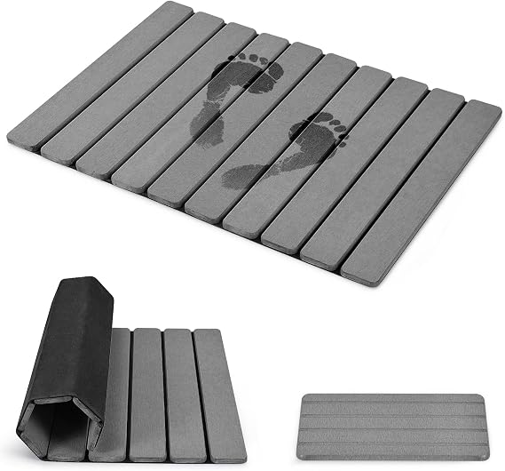Foldable Stone Bath Mat, Quick-Dry Diatomaceous Earth Stone Drying Mat for Bathroom, Non-Slip Rubber Base, Shower Mat Outside Shower, Easy to Store, Easy to Clean (Grey 60×40 cm & 20×10 cm)