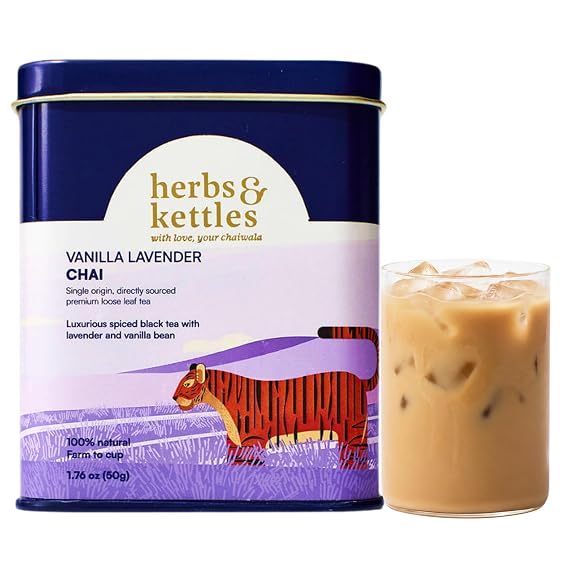 Herbs & Kettles Chai - Vanilla Lavender| Assam Black Tea with Real Vanilla Bean, Lavender Flowers, Cardamom, Cinnamon & Ginger | Floral Loose Leaf Blend | Makes 10-14 Servings | Premium Tea Gift