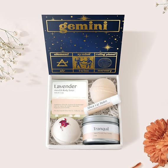 Dear Ava Spa Gifts for Women - Organic Self Care luxury Anti Stress Relaxing Bath and Body Kit Set Basket Box for Her with Heartfelt Card - Gemini Birthday Gift
