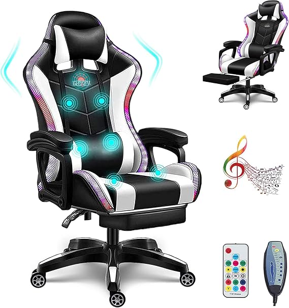 Bluetooth Gaming Chair - Ergonomic Video Chair with Speakers, LED Light, Footrest, Headrest, and Lumbar Pillow for Office and Gaming Comfort