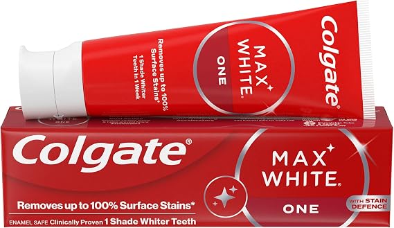 Colgate Max White One Teeth Whitening Toothpaste 75ml, Removes Up to 100% of Surface Stains, 1 Shade Whiter Teeth, Helps Prevent Future Discolouration, Enamel Safe for Daily Use