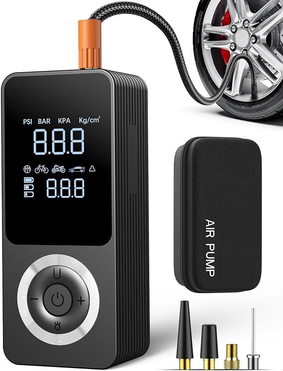 Tire Inflator Portable Air Compressor with Smart Pressure Detection, LED Light, Type-C Charge, Long Runtime, 12V Car Power Adapter, Storage Box