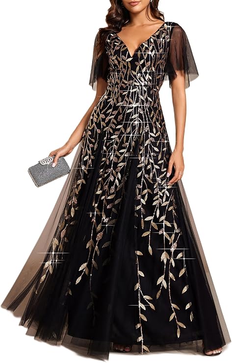 Ever-Pretty Women's Sequin Formal Dresses Evening Gown Sparkly V-Neck Short Sleeve Floor Length Mother of The Bride Dress 736