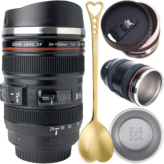 Camera Lens Coffee Mug with Slider Lid and Spoon Realistic DSLR Thermos Cup, Novelty Gift for Photographers, Men & Women