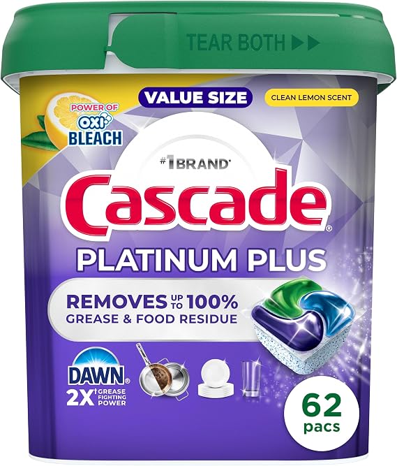 Cascade Platinum Plus Dishwasher Pods, Dish Detergent Soap, Clean Lemon Scent, 62 Count